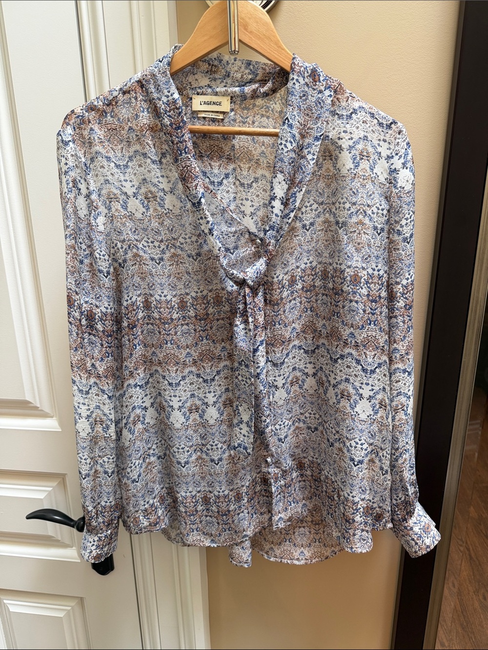 L'AGENCE Blue & Brown Printed Tie-Neck Blouse